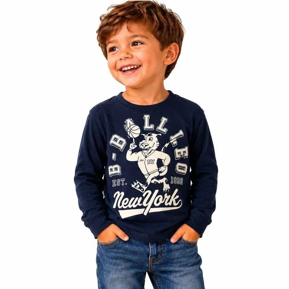 H&M Boys B-Ball New York Graphic Tee 3T/4T Navy Long Sleeve Cotton Shirt